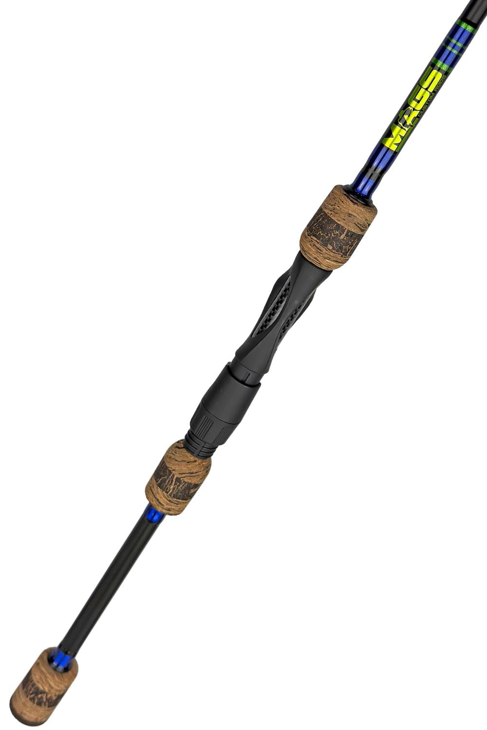 6'2 Medium Fast Spinning with Metallic Blue Wraps and Metallic Lime Green Trim