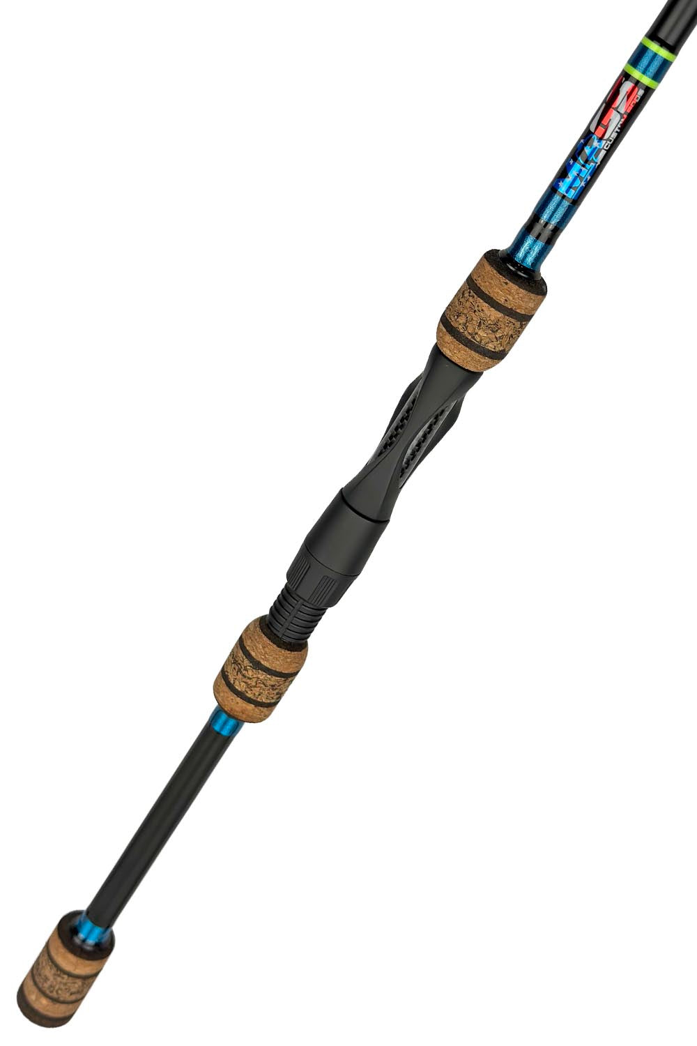 7'2 Medium Fast Spinning with Metallic Ice Blue Wraps and Chartreuse Trim
