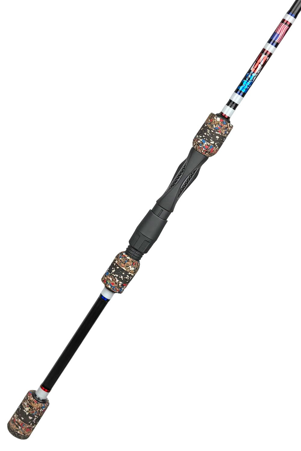 7'6 Medium Mod-Fast Spinning with White Wraps and Metallic Red and Blue Trim