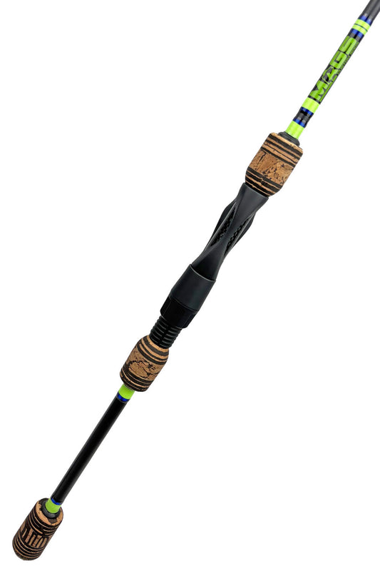 6'2 Medium Fast Spinning with Chartreuse Wraps and Metallic Blue Trim