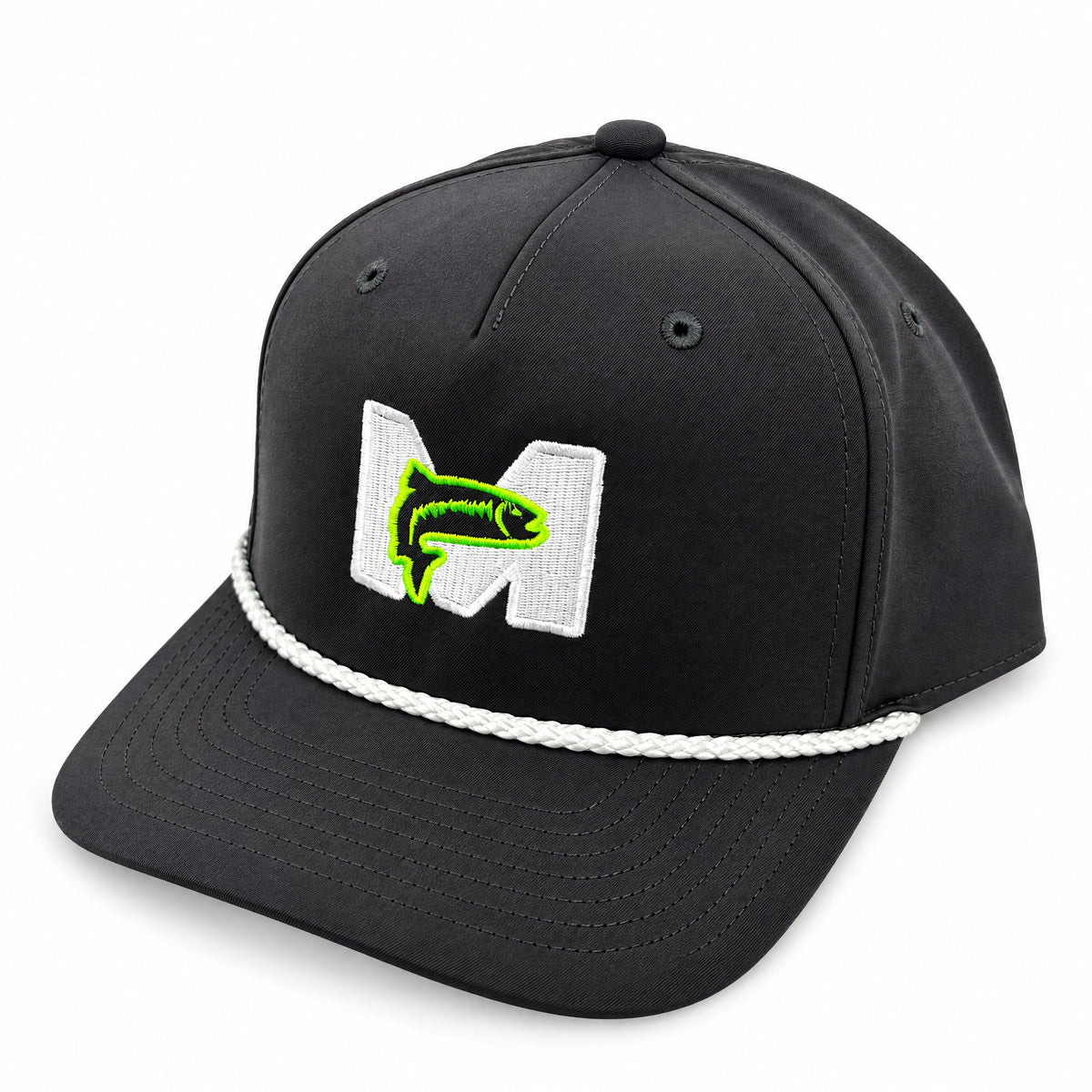 MAGS Performance Hat in black with white rope, three-quarter front view