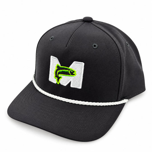 MAGS Performance Hat in black with white rope, three-quarter front view
