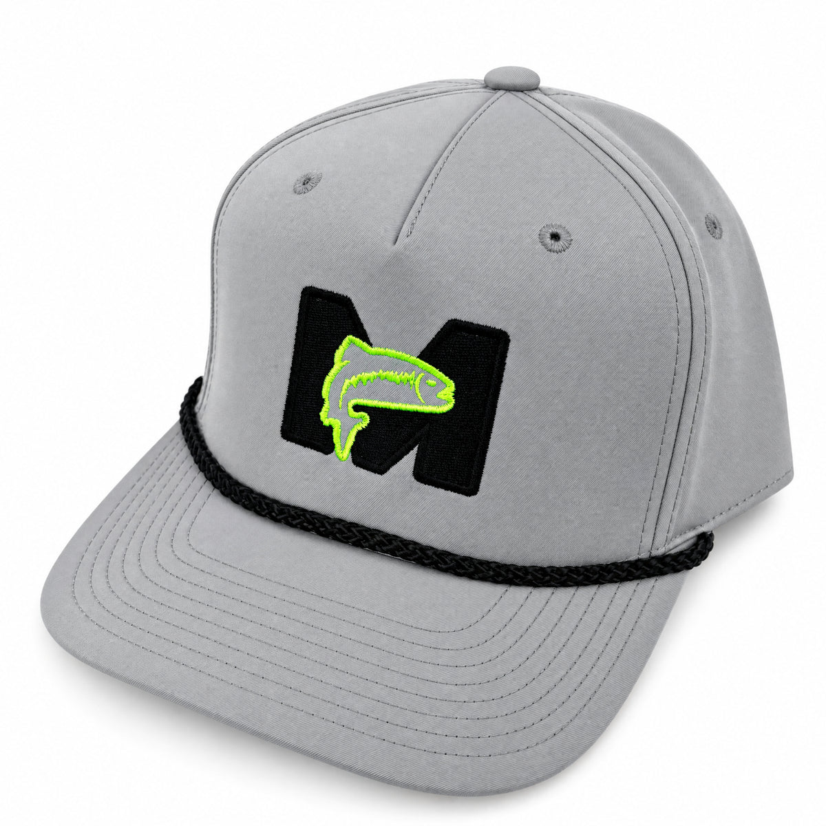 MAGS Performance Hat in gray with black rope, three-quarter front view