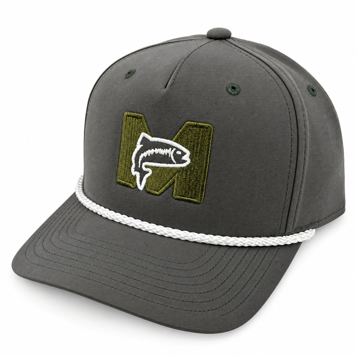 MAGS Performance Hat in gunmetal gray with white rope, three-quarter front view