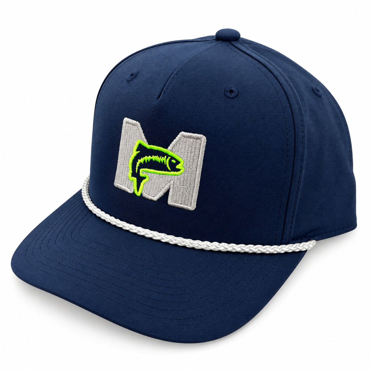 MAGS Performance Hat in navy with white rope, three-quarter front view