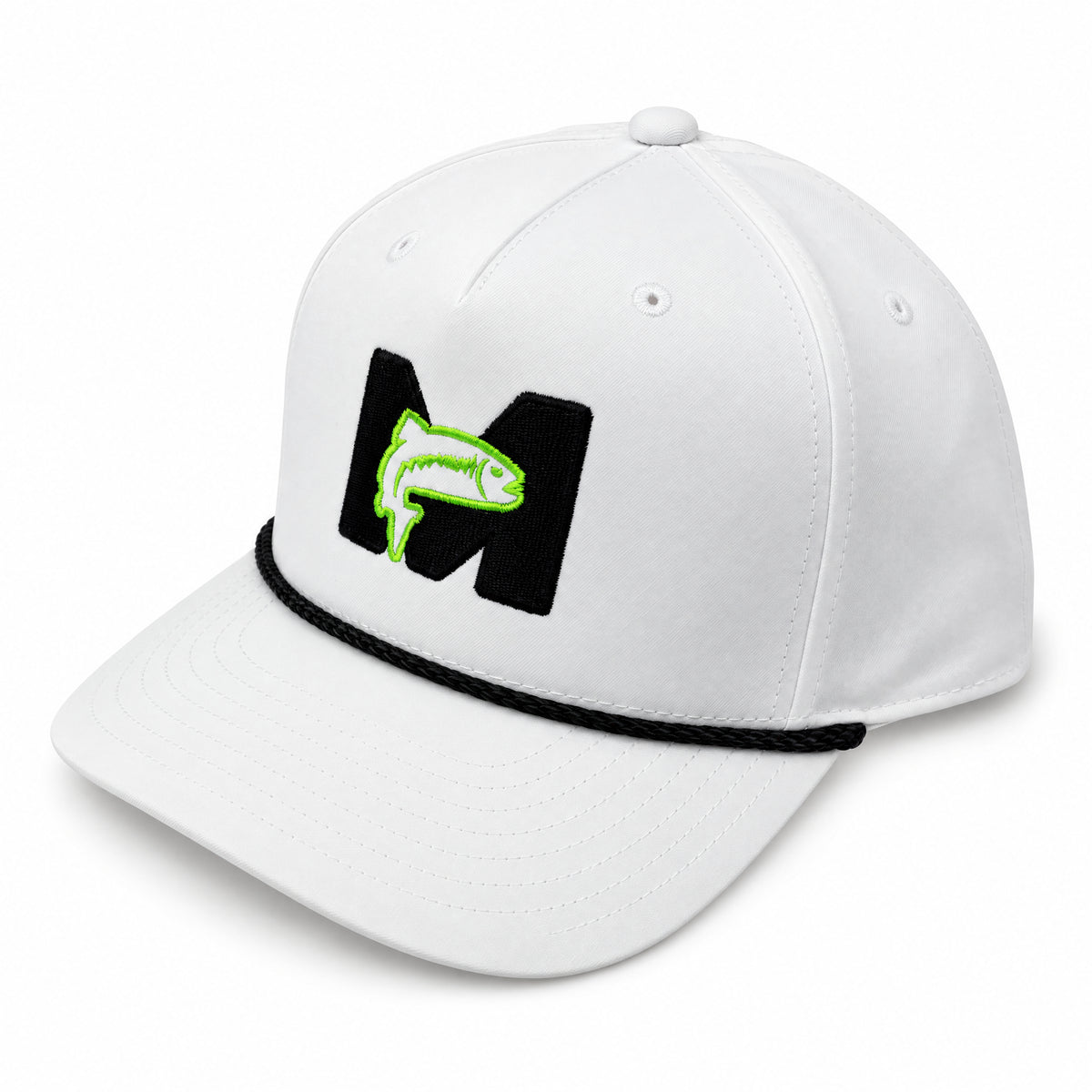 MAGS Performance Hat in white with black rope, three-quarter front view