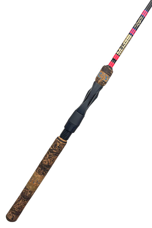 6'2 Medium Fast Spinning with Hot Pink Wraps and Metallic Blue Trim