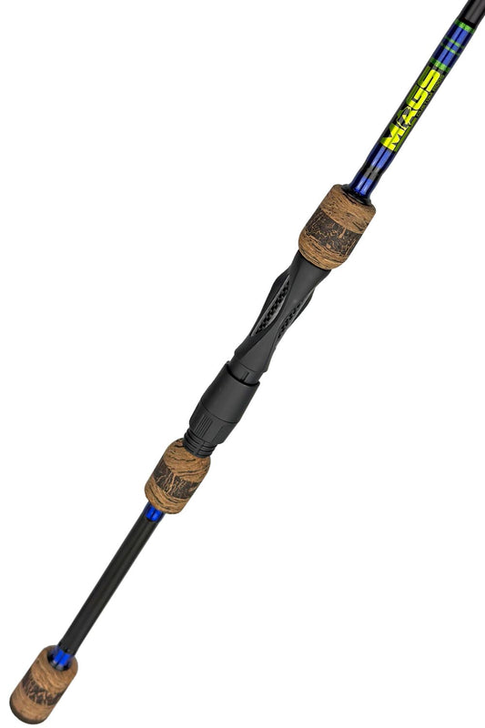 6'2 Medium Fast Spinning with Metallic Blue Wraps and Metallic Lime Green Trim