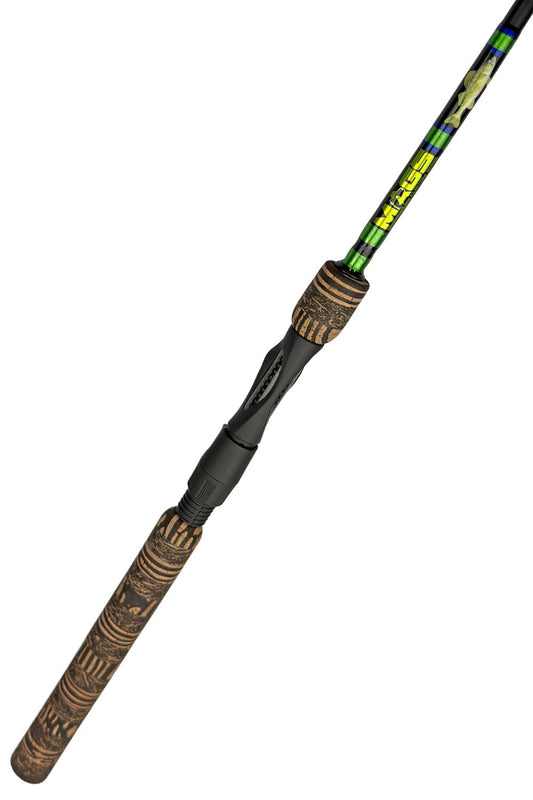 6'2 Medium Fast Spinning with Metallic Lime Green Wraps and Metallic Blue Trim