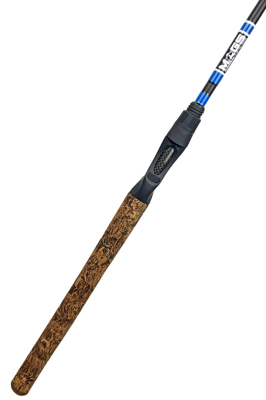 6'8 Medium Fast Baitcaster with Blue Wraps and White Trim