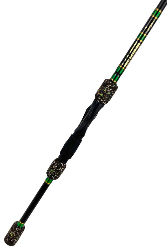 6'8 Medium Fast Spinning with Metallic Green Wraps and Metallic Gold Trim