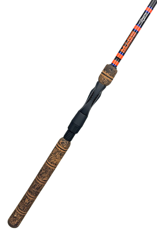 7'2 Medium Fast Spinning with Neon Orange Wraps and Metallic Blue Trim