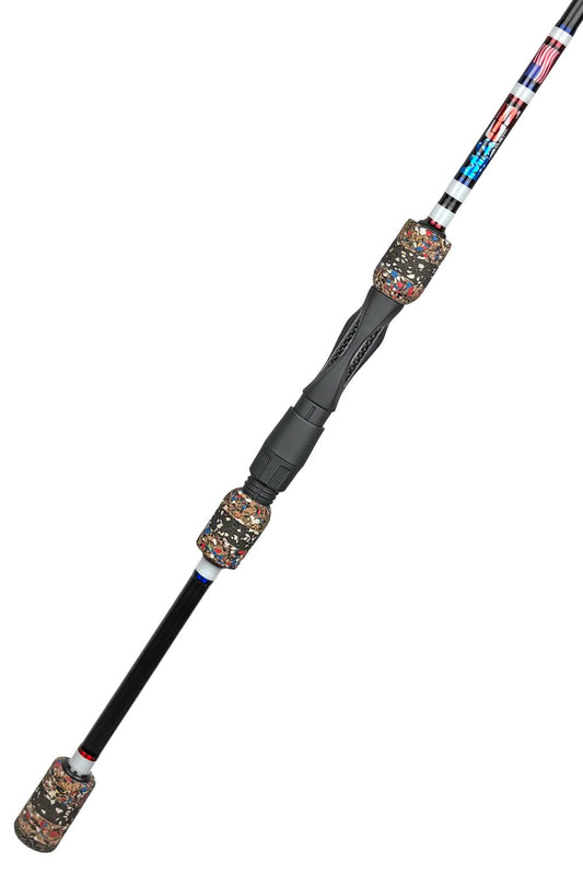 7'6 Medium Mod-Fast Spinning with White Wraps and Metallic Red and Blue Trim
