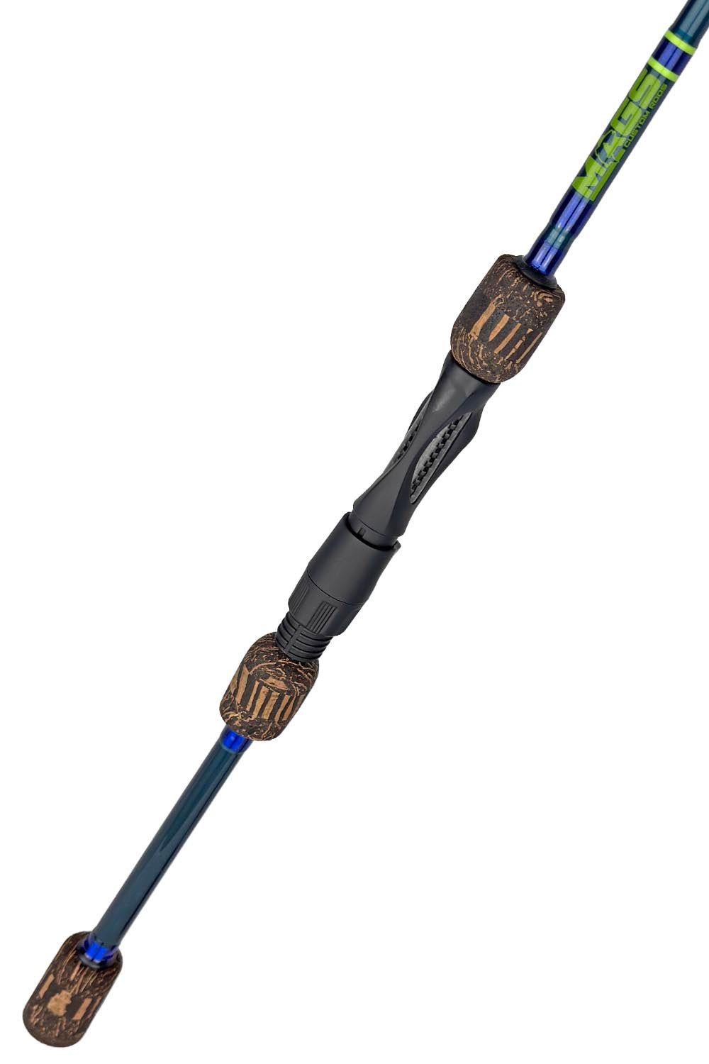 7' Medium Mod-Fast Dark Blue Blank Spinning with Metallic Blue Wraps and Chartreuse Trim